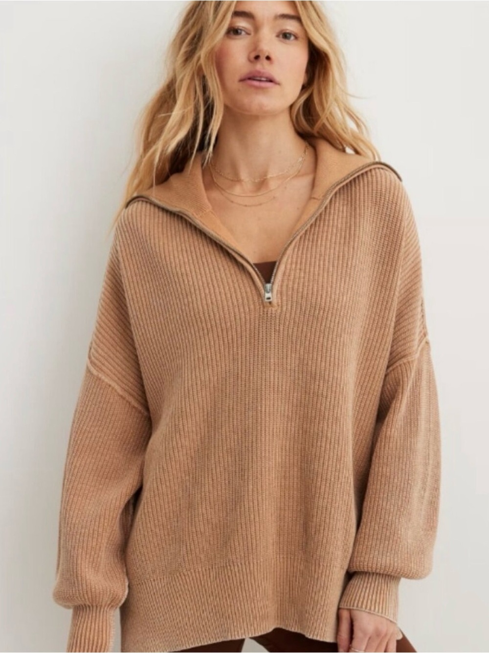 Aerie Oversized Beyond Ribbed Quarter Zip Pullover Sweater Chunky Knit XL NEW